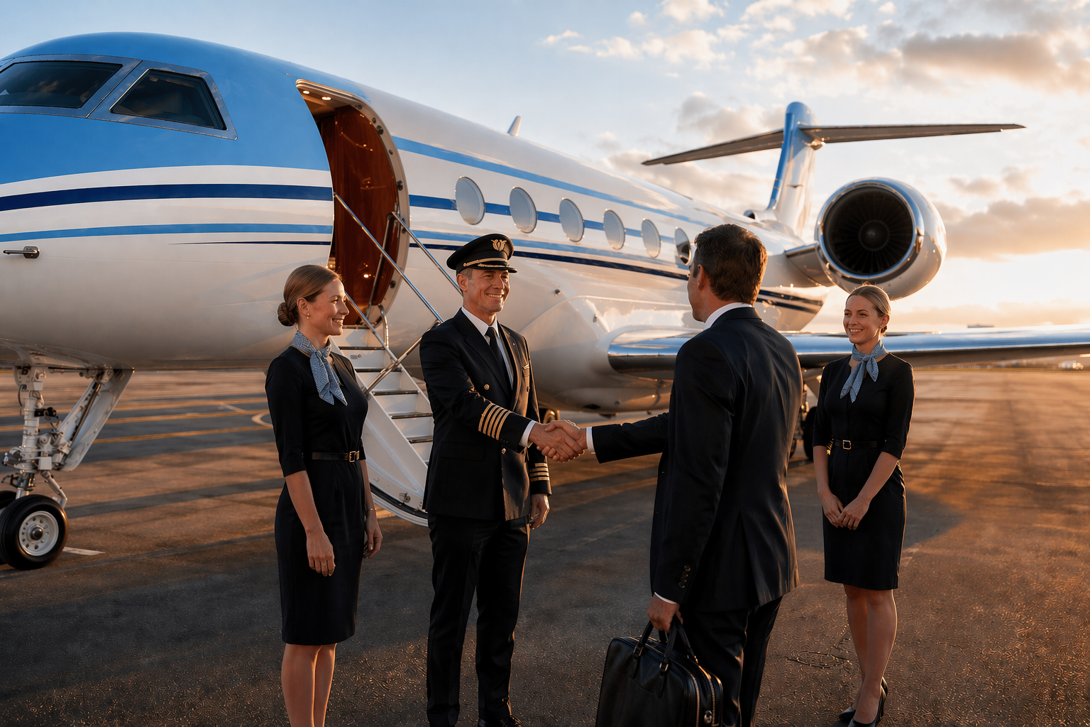 Louvani Jets private aviation concierge welcome beside a jet